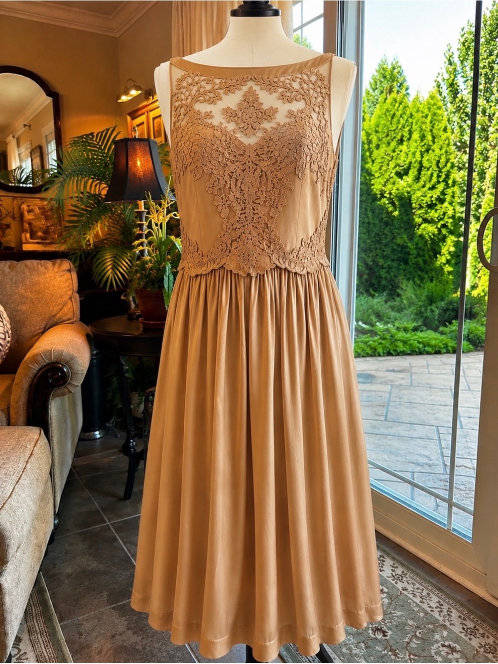 Sleeveless Lace-Appliqué Midi Dress in Tan